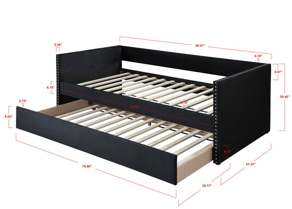English Elm Beautiful Tufted Daybed with Nailhead Trim and Pull-Out Trundle, Modern Chic Lounge Bed for Guest Rooms Gray 42.72 L x 38.19 W x 5.51 H B011S01640