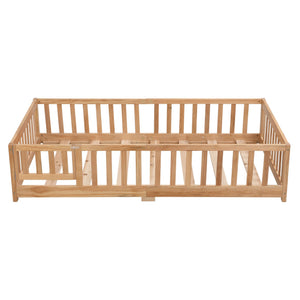 English Elm Twin Pine Wood Floor Bed with Safety Guardrails and Door for Kids Bedroom W495123236