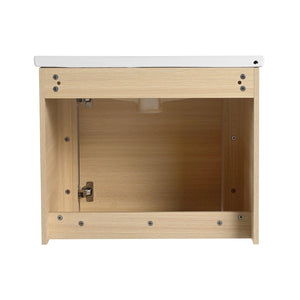English Elm 36'' Wall-Mounted Bathroom Vanity With Elegant White Sink, Soft-Close Door & Open Storage Shelves W999S00481