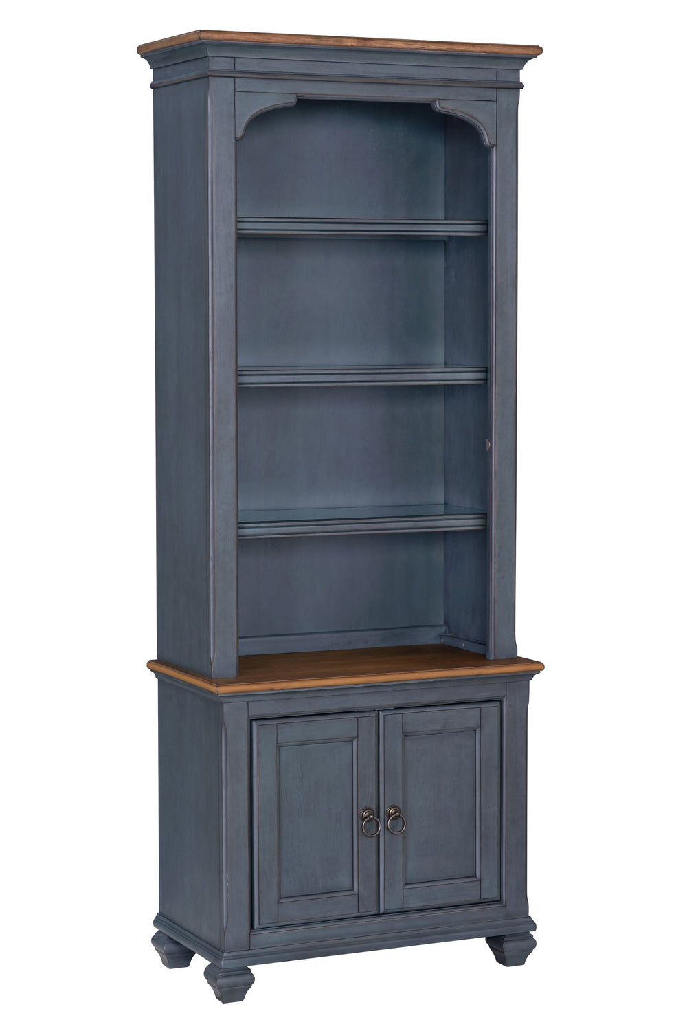 English Elm 84 Inch Americana Bookcase in Corduroy Blue Finish — Fully Assembled Rubberwood & Birch Shelves, Antique Pewter Hardware, Coastal Distressed Charm, 4 Shelves + 2 Doors (84") B108P193073