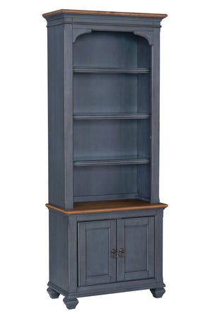 English Elm 84 Inch Americana Bookcase in Corduroy Blue Finish — Fully Assembled Rubberwood & Birch Shelves, Antique Pewter Hardware, Coastal Distressed Charm, 4 Shelves + 2 Doors (84") B108P193073