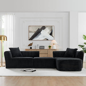 English Elm 114" Cloud Sectional Couch with L-Shape Chaise Modular Corduroy Sofa with Movable Ottoman, No Assembly Required, Plush Comfort for Living Spaces Black W1117P371650