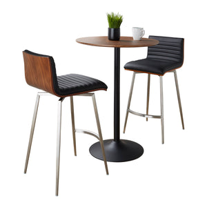 English Elm - Mid-century Modern 3 Piece Counter Bar Set Swivel Stools Walnut Faux Leather Black B202S01416