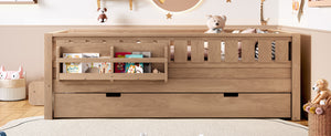 English Elm Twin Kids Platform Bed with Trundle Staircase Bookshelf and Rounded Safety Rails Natural W1580S00558