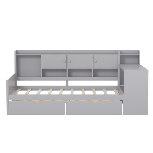 English Elm Full Size L-shaped Daybed with Built-in Desk Bookshelf and Storage for Small Spaces N733S351674E