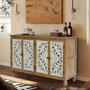 English Elm Accent Distressed Cabinet with 4 Doors - Farmhouse Sideboard Buffet, Carved Floral Fronts, Slim Storage for Entryway W2295P246504