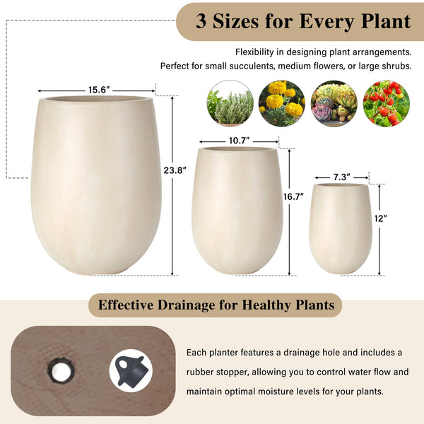 English Elm U_style Mgo Round Planter Set of Three Graduated Sizes for Patio and Indoor Decor N711P406658A