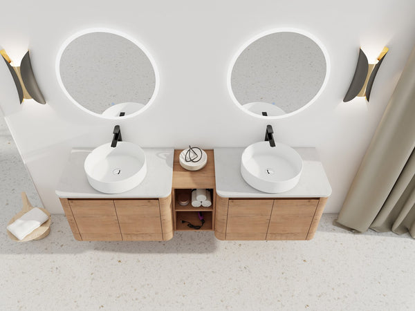 English Elm 72'' Wall-Mounted Bathroom Vanity With Ceramic Sink, Soft-Close Doors & Ample Storage Shelves W999S00416