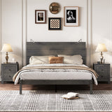 English Elm 3-Pieces Bedroom Sets, Queen Size Farmhouse Platform Bed With Two Bedside Lights, 2-Drawer Nightstand, Antique Gray