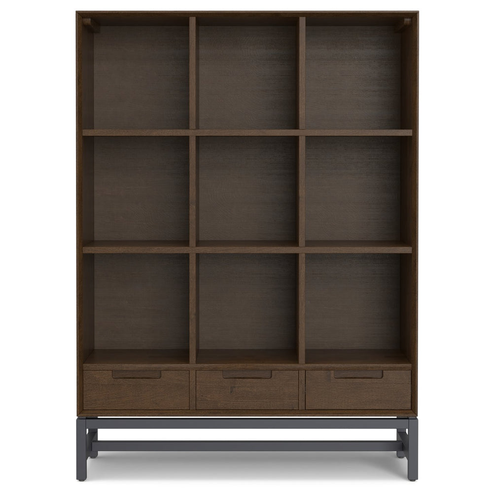 English Elm Banting 9 Cube Bookcase with Drawers Walnut Brown - Solid Rubberwood, Metal Frame, 3 Drawers, 9 Cubes B136P238617