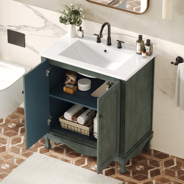 English Elm Christopher Knight Home® - 30" Vintage Bathroom Vanity with Rectangle Ceramic Sink, Rubber Wood Legs, Soft-Close Doors, Adjustable Shelves Antique blue green,Teal N817P245316B