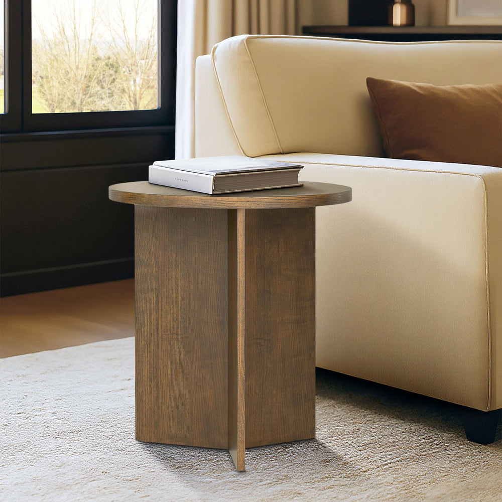 English Elm Accent Table Round Starburst Veneer Top Greige Finish Compact Living Room Bedside Walnut Brown B035P408401