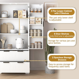 English Elm 72" Modern Fluted Pantry Cabinet with 2 Large Silent Drawers, 8-Door Spice Rack & Adjustable Shelf Organizer White W2917P294993