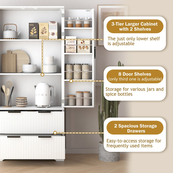 English Elm 72" Modern Fluted Pantry Cabinet with 2 Large Silent Drawers, 8-Door Spice Rack & Adjustable Shelf Organizer White W2917P294993