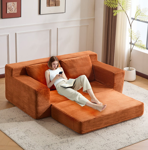 English Elm Loveseat Corduroy Bean Bag Sofa Bed with Memory Foam, Reversible Cushions, Plush Bolsters, No Assembly Required Orange W3723P346937
