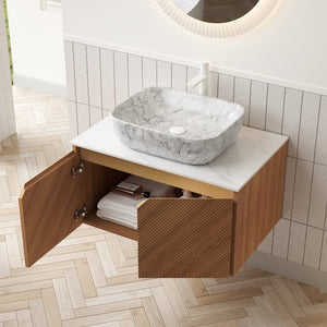 English Elm Muri Floating Bathroom Vanity Plywood Cabinet Sintered Stone Top Oak Drawer W2615S00529