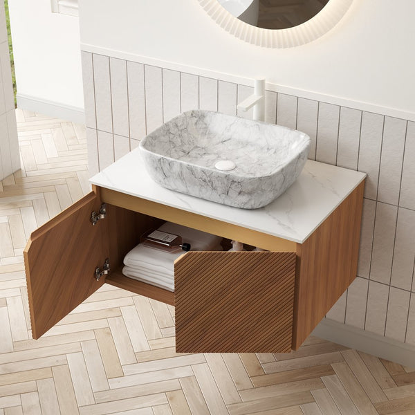 English Elm Muri Floating Bathroom Vanity Plywood Cabinet Sintered Stone Top Oak Drawer W2615S00529