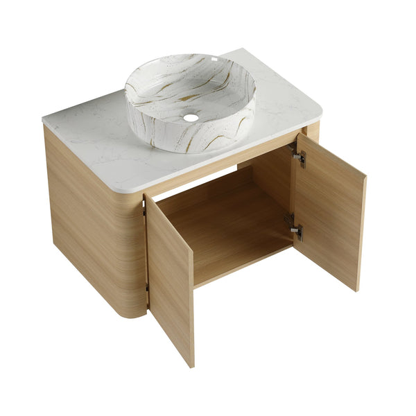 English Elm 30'' Wall-Mounted Bathroom Vanity With Elegant Ceramic Sink, Soft-Close Doors & Space-Saving Design W999S00464