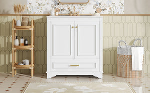 English Elm 30" Elegant Bathroom Vanity with Ceramic Sink, French-Inspired Compact Cabinet with Drawer & Shelf White N710P317676K