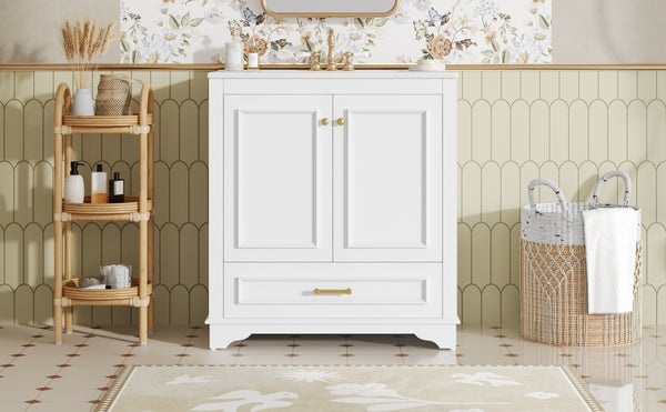 English Elm 30" Elegant Bathroom Vanity with Ceramic Sink, French-Inspired Compact Cabinet with Drawer & Shelf White N710P317676K