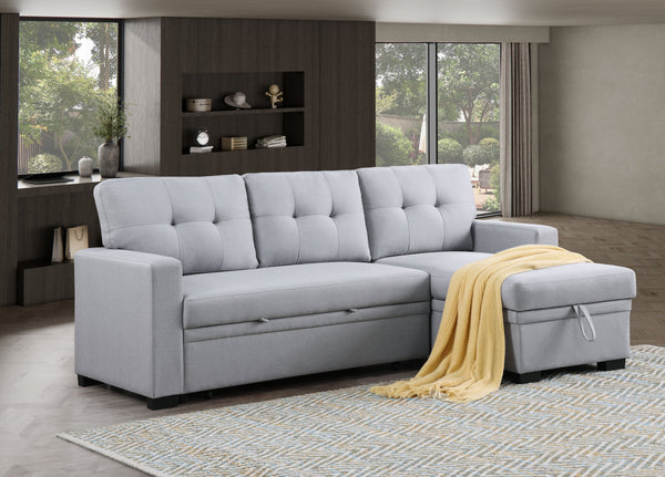 English Elm Tufted Linen Sectional Sleeper Sofa with Storage Ottoman and Reversible Chaise Gray B2730S00052