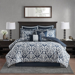English Elm 8 Piece Jacquard Comforter Set - Luxurious Navy/Silver Cal King Ensemble For Elegant Bedroom Decor B035128891