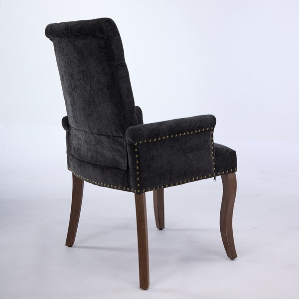 English Elm Upholstered Chenille Dining Chair with Hand-Tufted Back, Curved Solid Wood Legs, Comfortable Armseat Black W1143P346928