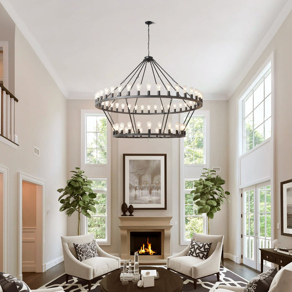 English Elm 59.06 Inch Matte Black Wagon Wheel Chandelier 54 Light Farmhouse Grand Entryway W5008P389266