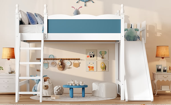 English Elm Twin Loft Bed Solid Pine Frame with Wardrobe Shelving Detachable Slide Kids Room White+Blue W5305S00024