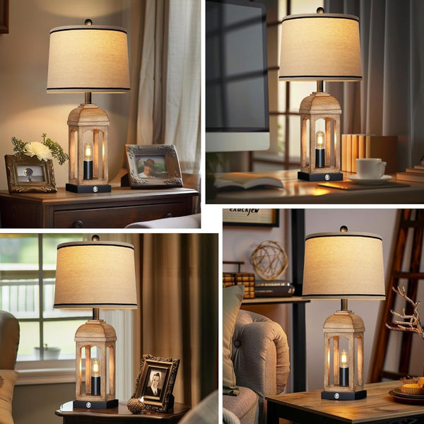 English Elm Table Lamp Set Of 2 With Usb Ports, 3-Way Touch Control & Nightlight - Rustic Farmhouse Decor W3355P323265-GIGA