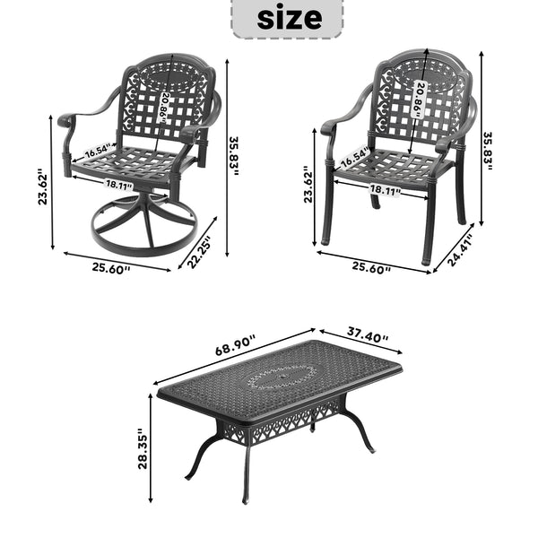 English Elm 7-Piece All-Weather Cast Aluminum Dining Set With Swivel Chairs And Cushions For Ultimate Comfort W1710S00377