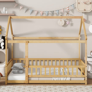 English Elm Twin House Frame Floor Bed Rubberwood with Roof Canopy and Safety Rails for Kids Natural W504P429345