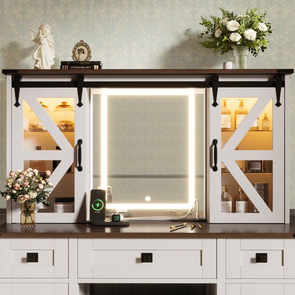 English Elm 43.3" Rustic Farmhouse Vanity Desk with Led Mirror Barn Door Stool Charging Station N704P328548A