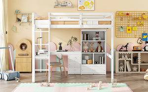 English Elm Full Size Loft Bed With Integrated Desk, Storage Shelves, Drawers & Safe Ladder - Stylish & Space-Saving W504S00161