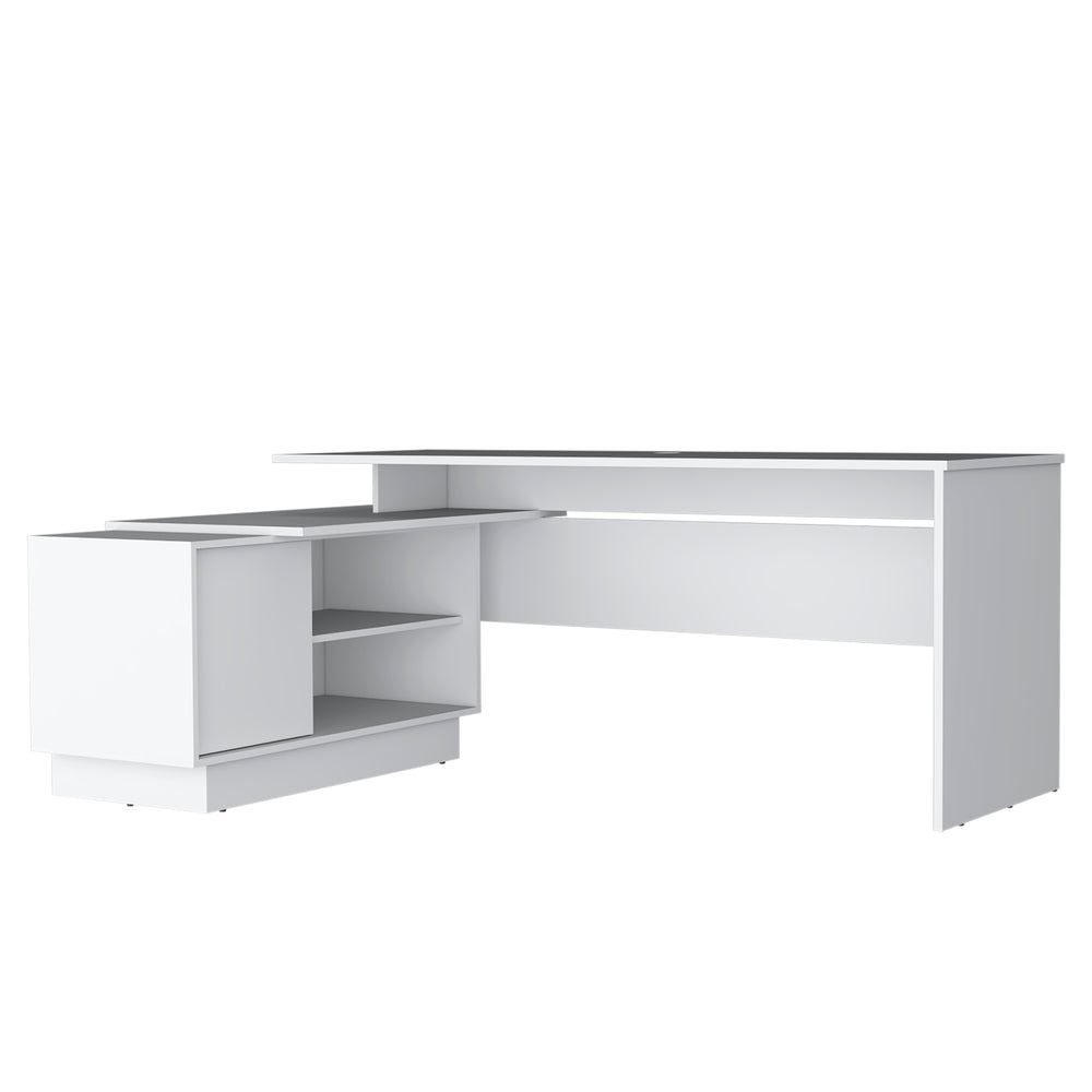 English Elm Emery L-Shaped Desk 70.5" Right-Wide Corner Workstation with Cabinet, Shelves, Sleek White Design B070S00338