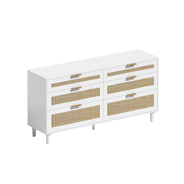 English Elm 59" Rattan Dresser with 6 Spacious Drawers, Stylish Woven Texture, Metal Handles & Wood Legs for Bedroom White W757P209514