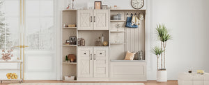 English Elm Multifunctional Modular Hall Tree Cabinet with Open Shelves and Hooks for Entryway Beige W1580S00565