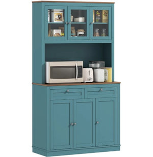 English Elm Adjustable Freestanding Kitchen Hutch with Glass Doors Microwave Station and Drawers T3971P428071