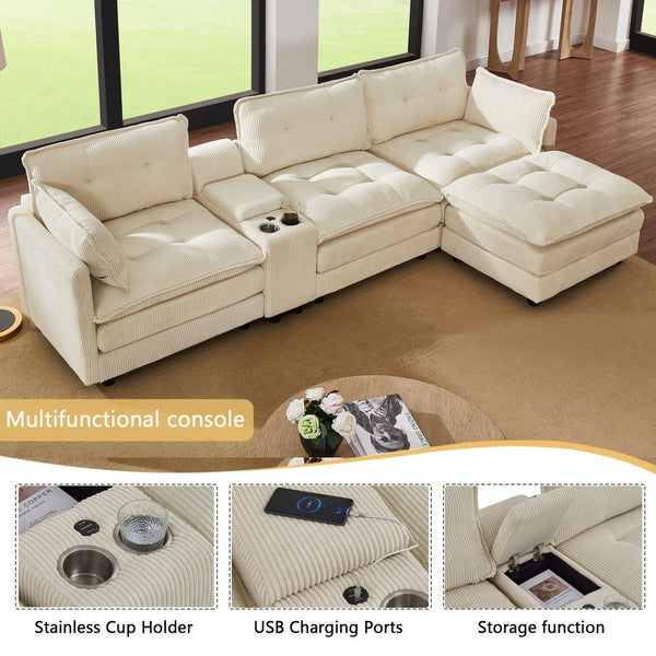 English Elm 119" Tufted Corduroy L-shaped Sectional with Ottoman Console Usb Charging 4 Seat Beige W1998S00100