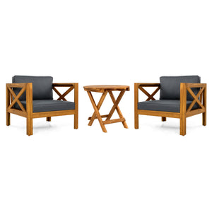 English Elm Christopher Knight Home® - Patio Conversation Set - Stylish Acacia Wood Chairs With Dark Grey Cushions & Foldable Side Table N770P264304G_N770P261552T