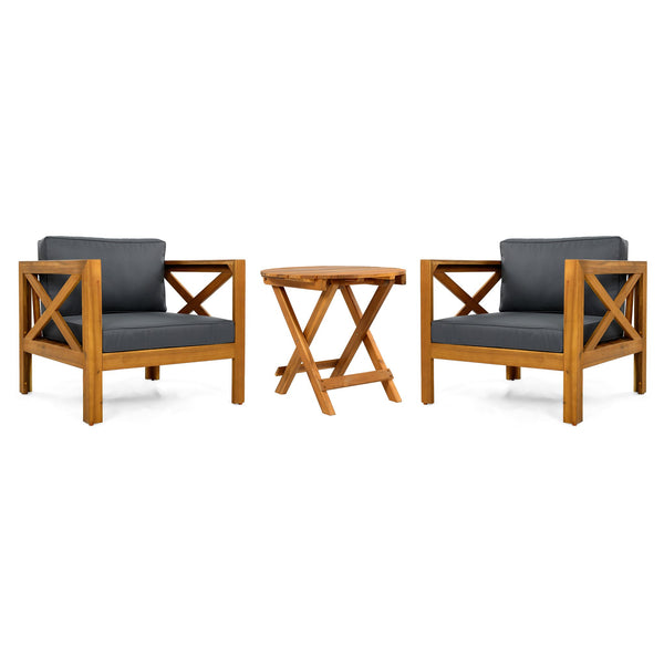 English Elm Christopher Knight Home® - Patio Conversation Set - Stylish Acacia Wood Chairs With Dark Grey Cushions & Foldable Side Table N770P264304G_N770P261552T