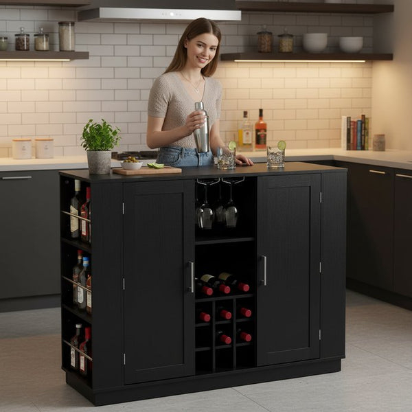 English Elm U_style Compact Kitchen Island with Drop Leaf Power Outlet Wine Rack Stemware Storage Black N711P437715B
