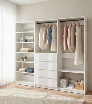 English Elm Prosper White Freestanding Walk-In Wood Closet System – Modular Melamine Oak Finish, Durable Storage Craftsmanship B040S00149
