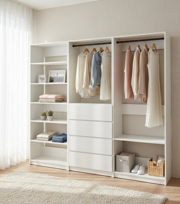 English Elm Prosper White Freestanding Walk-In Wood Closet System – Modular Melamine Oak Finish, Durable Storage Craftsmanship B040S00149