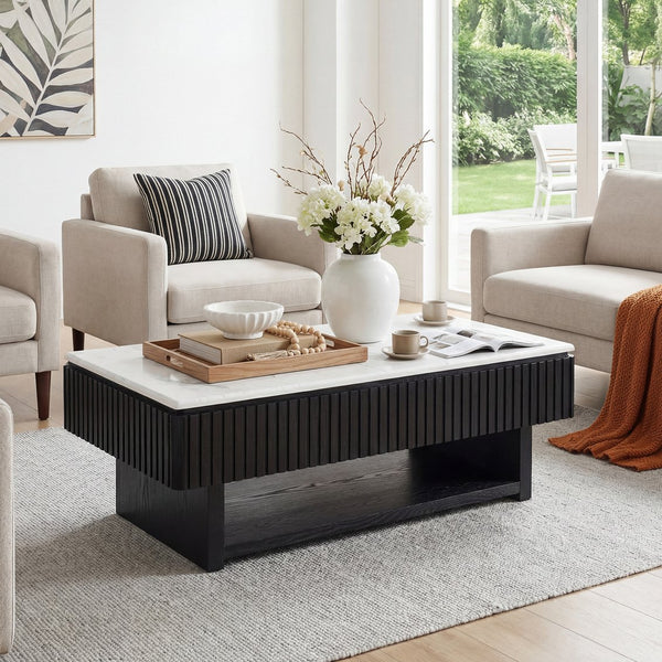 English Elm 46.5" Lift Top Coffee Table Fluted Frame Marble Pattern Hidden Storage Modern Living W5278P458348