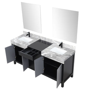 English Elm Black Double Bath Vanity 72" W With Castle Grey Marble Top, Matte Black Faucets & 28" Mirrors Set B2731S01158