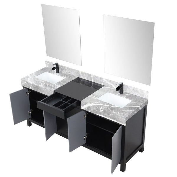 English Elm Black Double Bath Vanity 72" W With Castle Grey Marble Top, Matte Black Faucets & 28" Mirrors Set B2731S01158