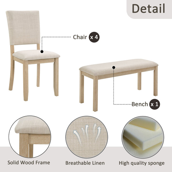 English Elm 6 Piece Rubberwood Dining Set with Bench and Linen Chairs for Transitional Kitchen W1998S00085