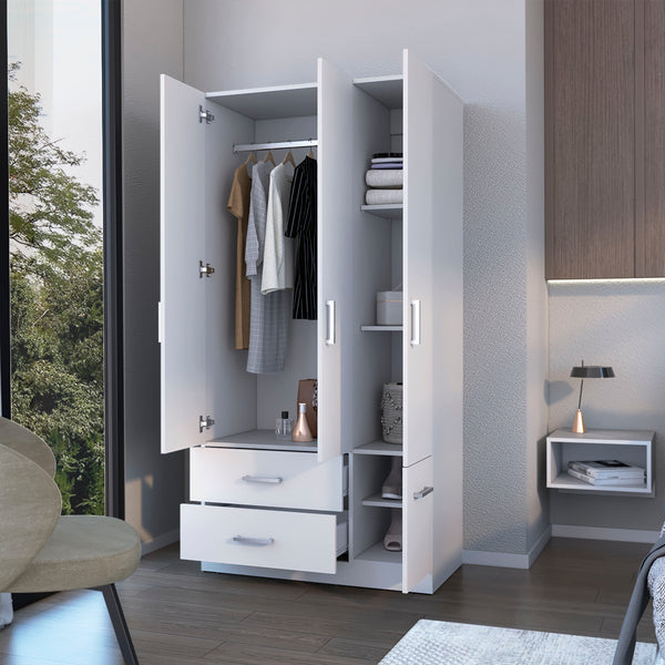 English Elm Douglas Melamine Armoire White – 4-Door Wardrobe with 2 Drawers, Hanging Rod, Durable Bedroom Storage B128S00010
