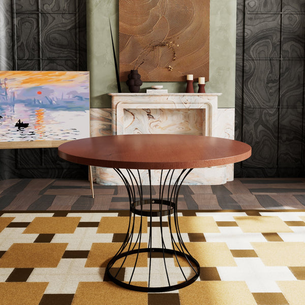 English Elm Oak 42" Round Dining Table with Oak Veneer Top, Matte Black Iron Pedestal, Rustic-Modern Compact Charm N842P319125D